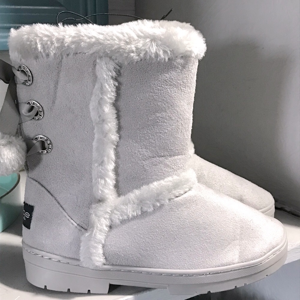 BeBe Girls Sizes Gray Microsuede Pom-Pom Winter Boots